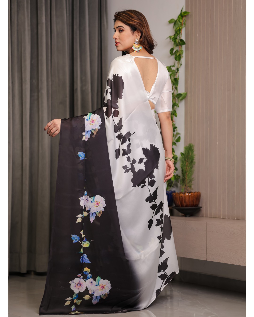 Trendy Satin Georgette Floral Printed Saree with Attached BP (Pack of 1)