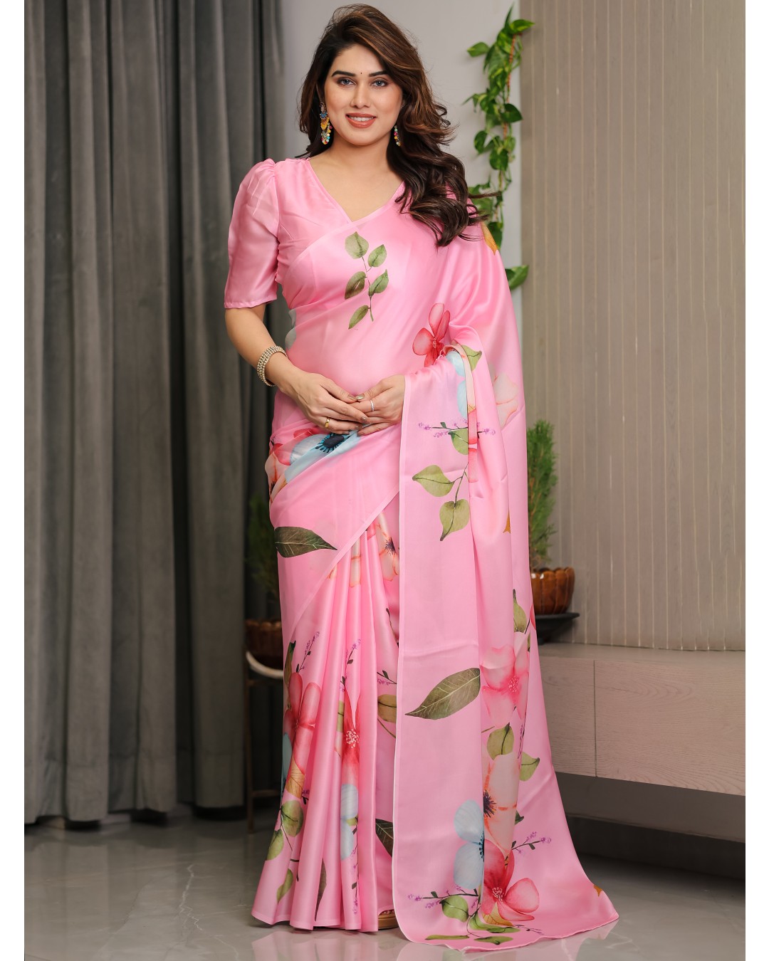 Trendy Satin Georgette Floral Printed Saree with Attached BP (Pack of 1)