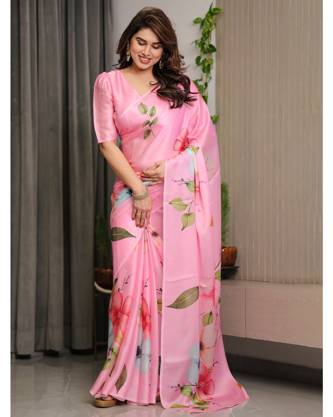 Trendy Satin Georgette Floral Printed Saree with Attached BP (Pack of 1)