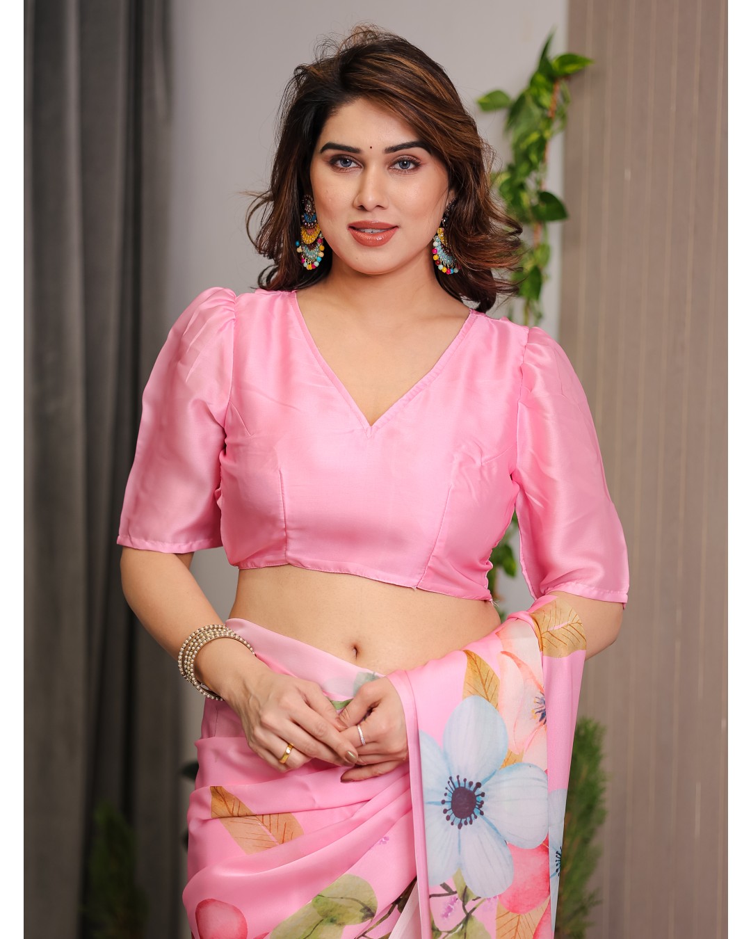 Trendy Satin Georgette Floral Printed Saree with Attached BP (Pack of 1)