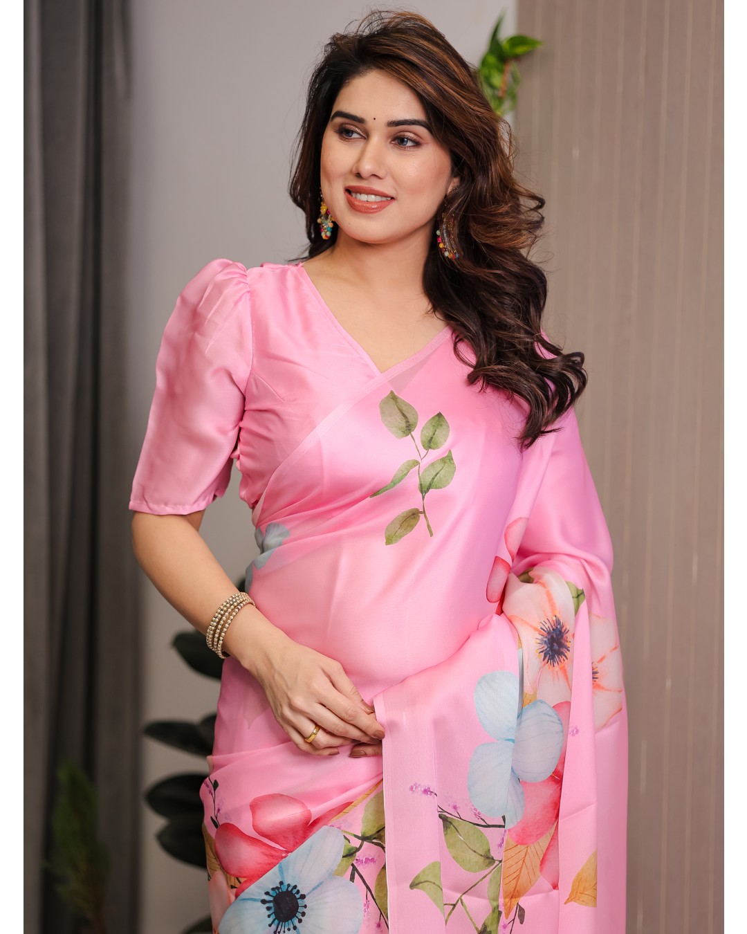 Trendy Satin Georgette Floral Printed Saree with Attached BP (Pack of 1)