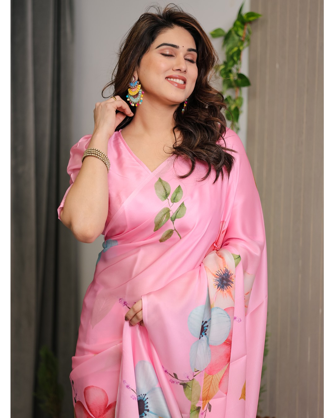 Trendy Satin Georgette Floral Printed Saree with Attached BP (Pack of 1)