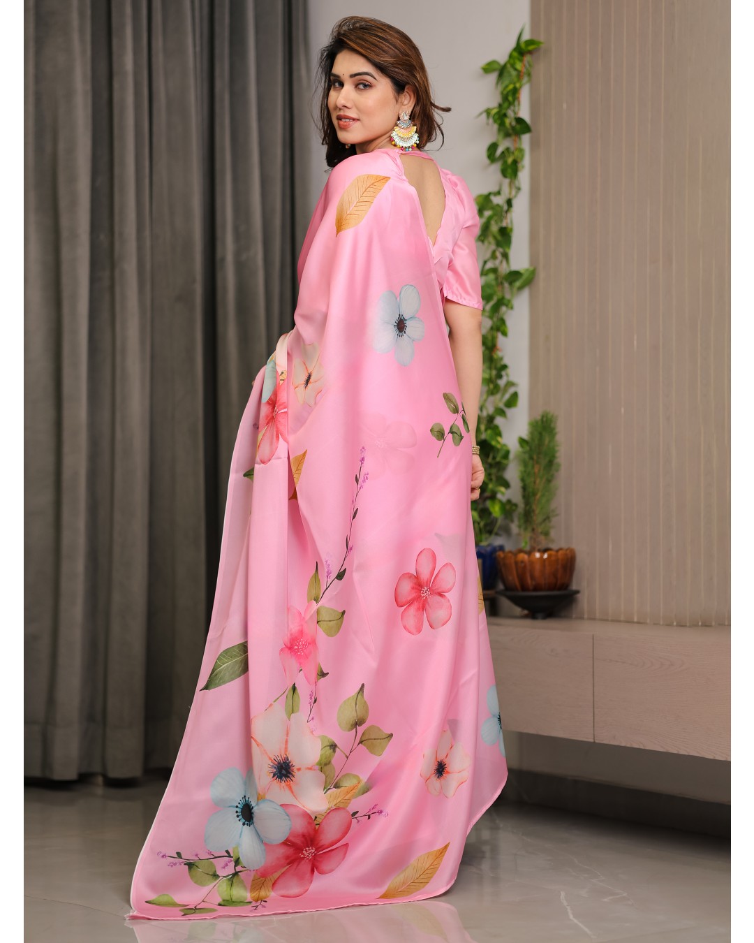 Trendy Satin Georgette Floral Printed Saree with Attached BP (Pack of 1)