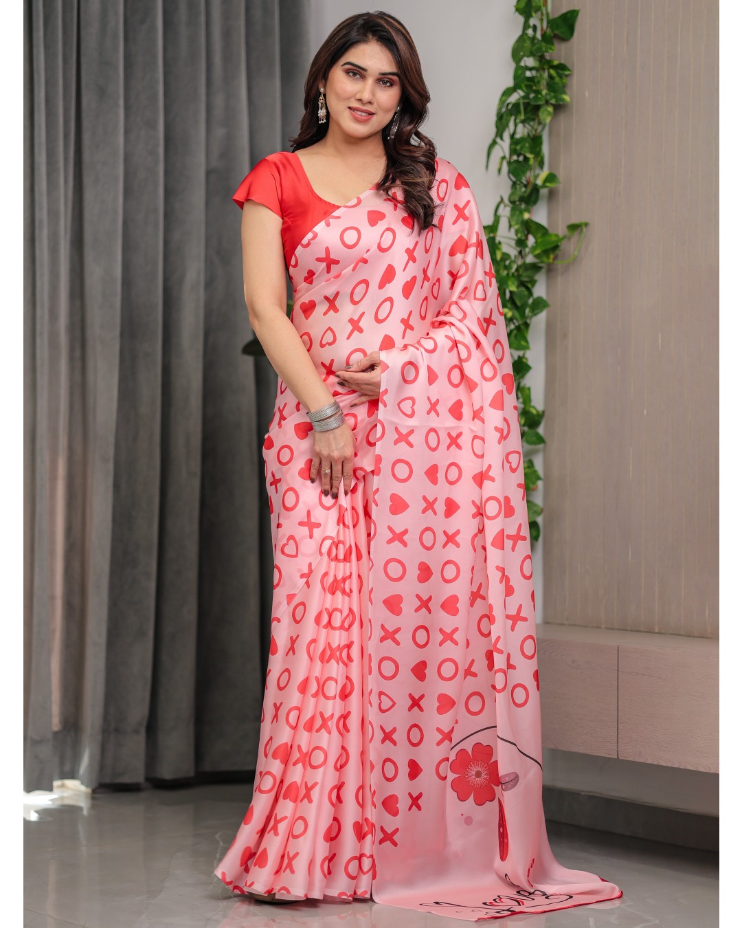 Satin Georgette Love Themed Printed Saree with Unstitched BP (Pack of 1)