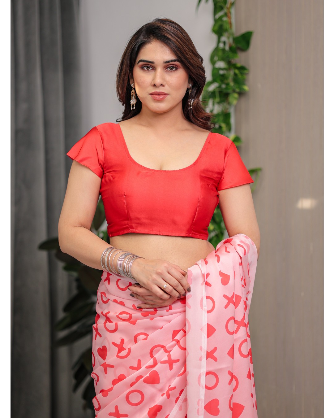 Satin Georgette Love Themed Printed Saree with Unstitched BP (Pack of 1)