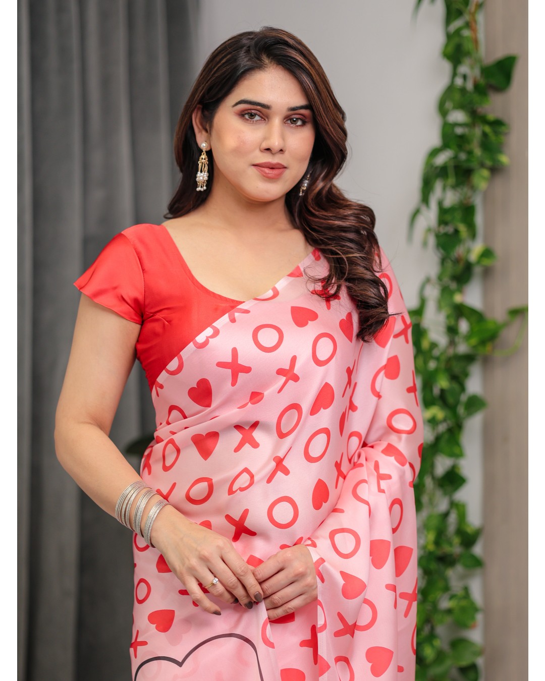 Satin Georgette Love Themed Printed Saree with Unstitched BP (Pack of 1)