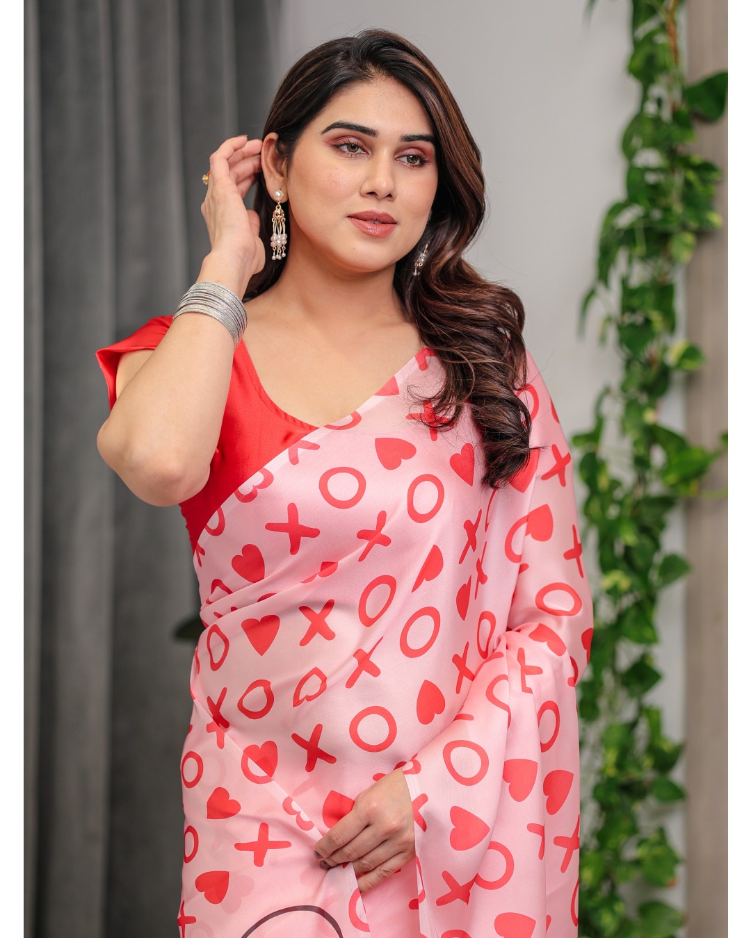 Satin Georgette Love Themed Printed Saree with Unstitched BP (Pack of 1)