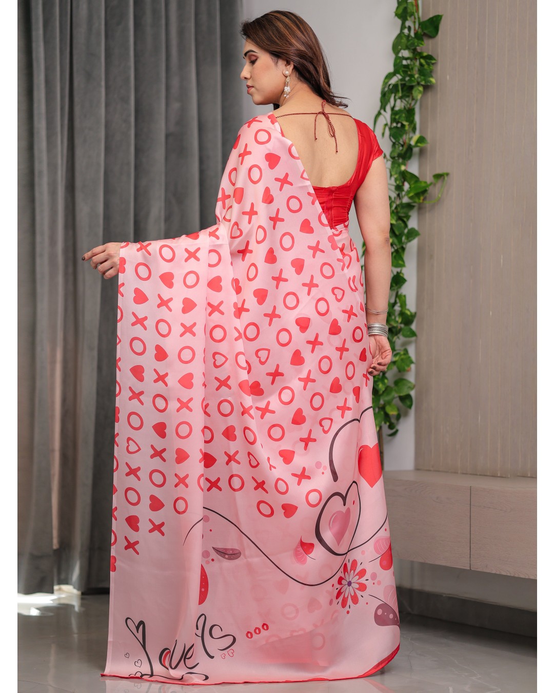 Satin Georgette Love Themed Printed Saree with Unstitched BP (Pack of 1)