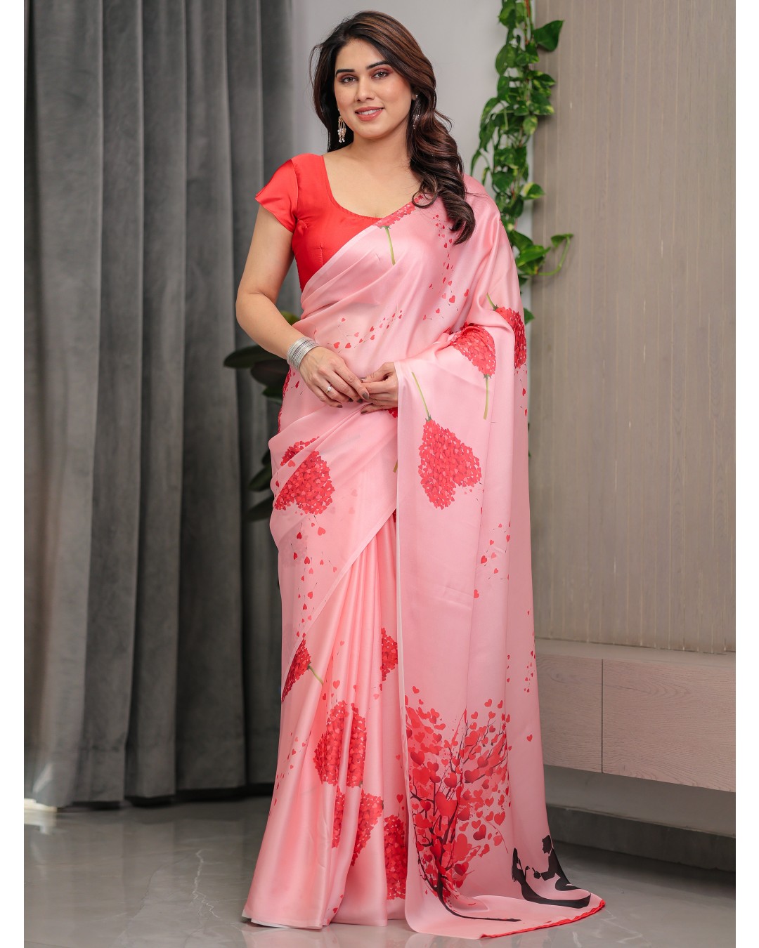 Satin Georgette Love Themed Printed Saree with Unstitched BP (Pack of 1)