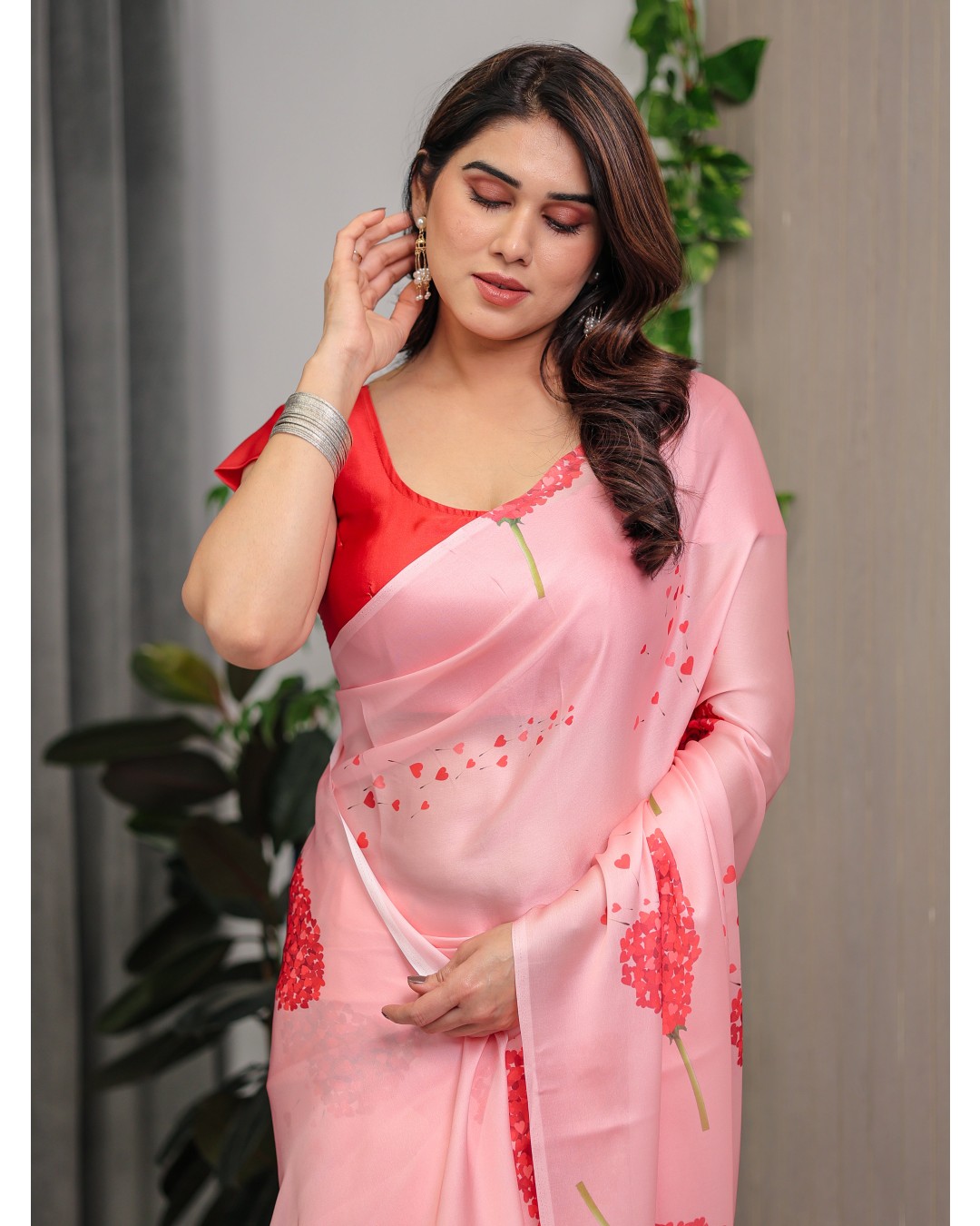 Satin Georgette Love Themed Printed Saree with Unstitched BP (Pack of 1)