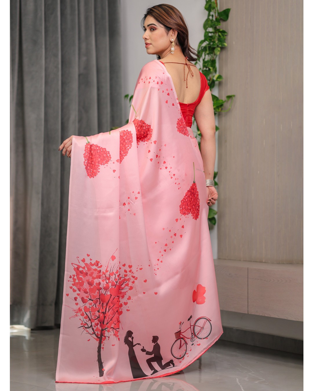 Satin Georgette Love Themed Printed Saree with Unstitched BP (Pack of 1)