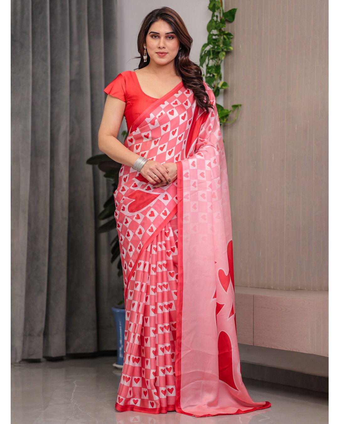 Satin Georgette Love Themed Printed Saree with Unstitched BP (Pack of 1)