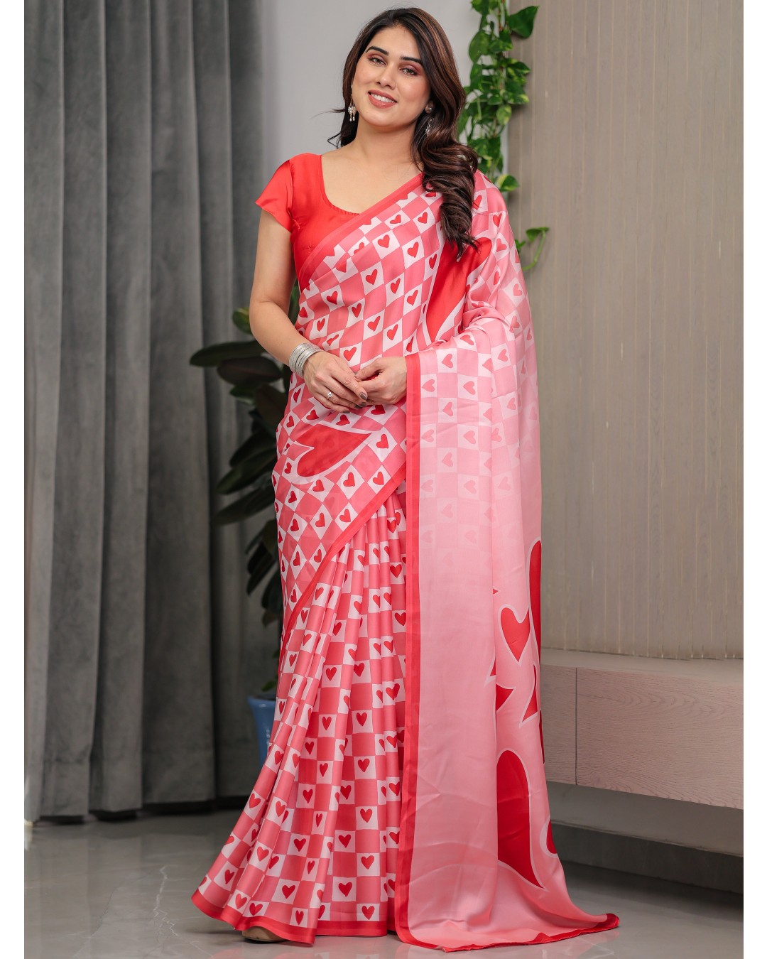 Satin Georgette Love Themed Printed Saree with Unstitched BP (Pack of 1)