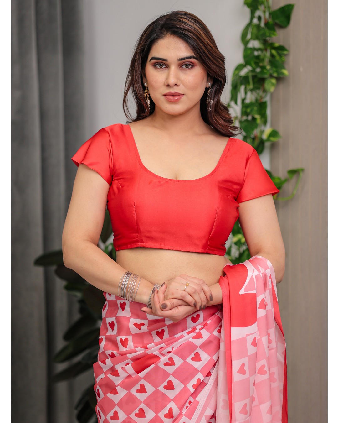 Satin Georgette Love Themed Printed Saree with Unstitched BP (Pack of 1)