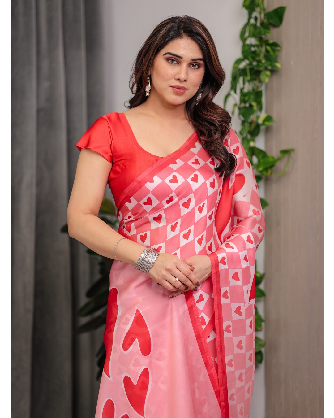 Satin Georgette Love Themed Printed Saree with Unstitched BP (Pack of 1)