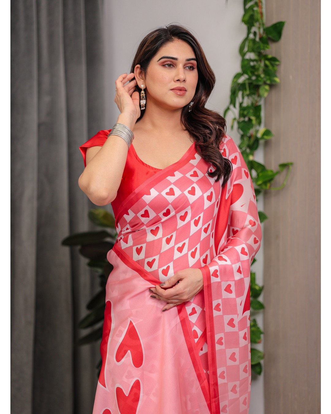 Satin Georgette Love Themed Printed Saree with Unstitched BP (Pack of 1)