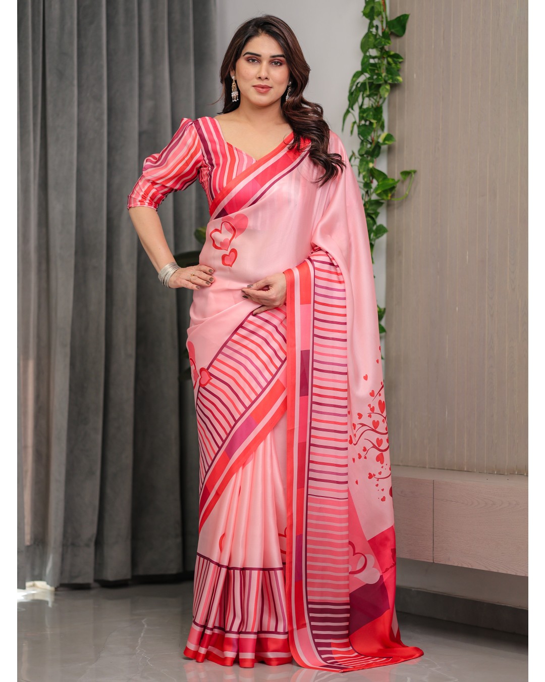 Satin Georgette Love Themed Printed Saree with Unstitched BP (Pack of 1)