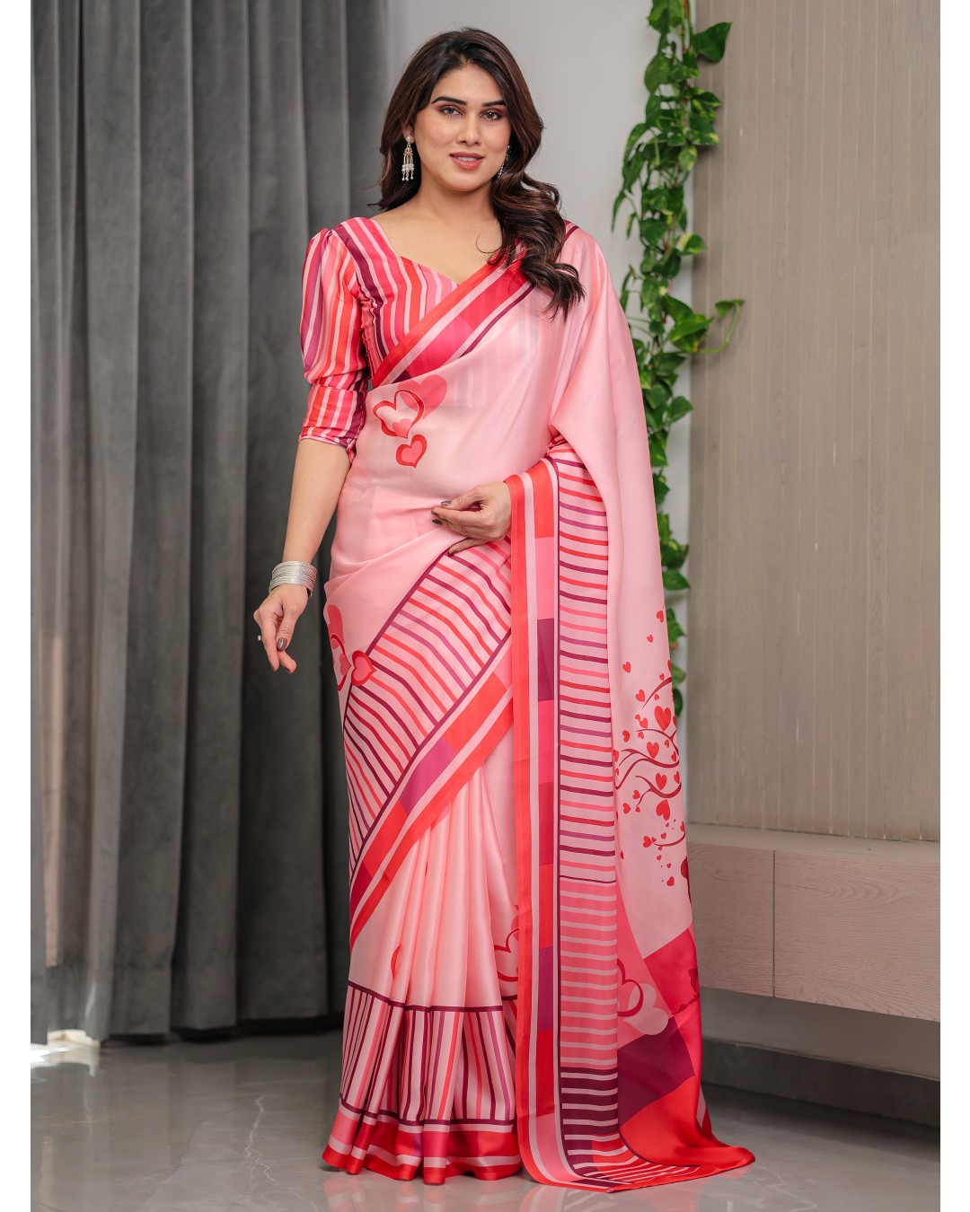 Satin Georgette Love Themed Printed Saree with Unstitched BP (Pack of 1)