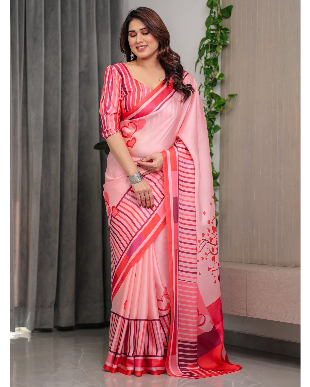 Satin Georgette Love Themed Printed Saree with Unstitched BP (Pack of 1)