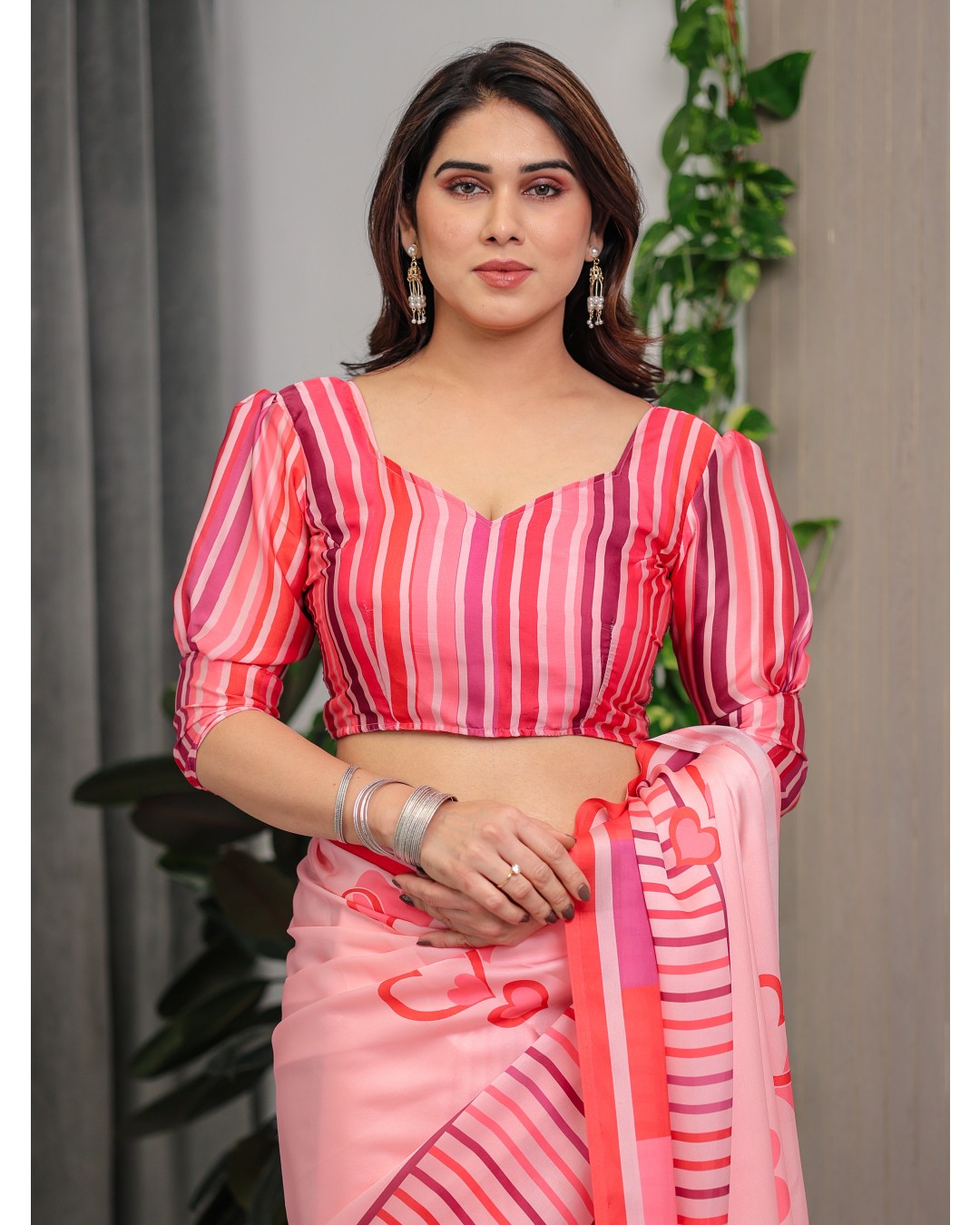 Satin Georgette Love Themed Printed Saree with Unstitched BP (Pack of 1)