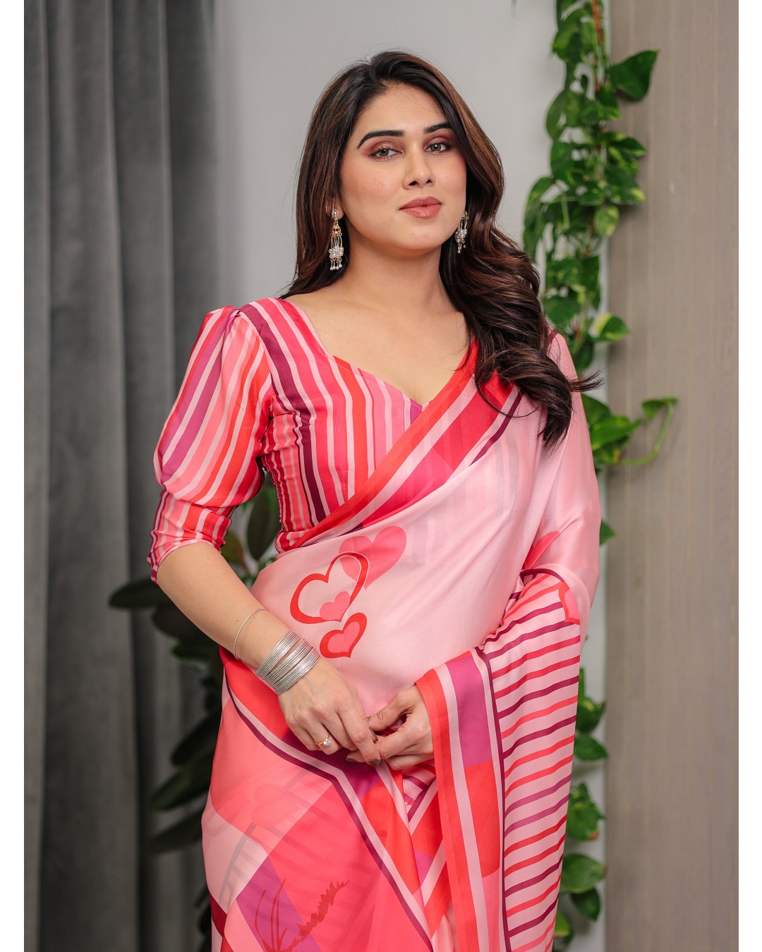 Satin Georgette Love Themed Printed Saree with Unstitched BP (Pack of 1)