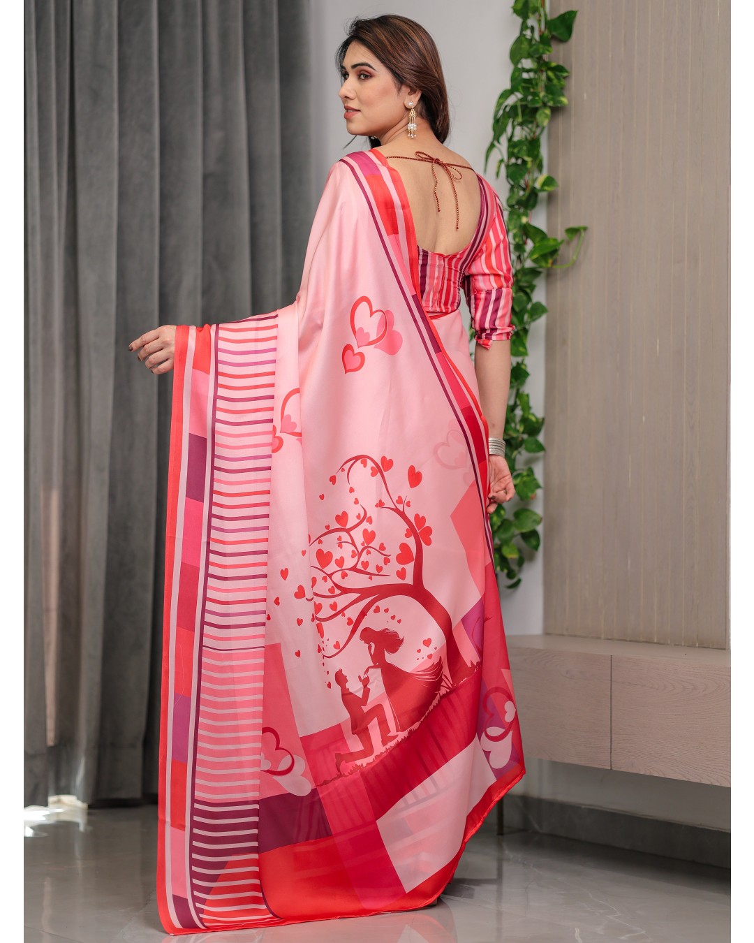 Satin Georgette Love Themed Printed Saree with Unstitched BP (Pack of 1)