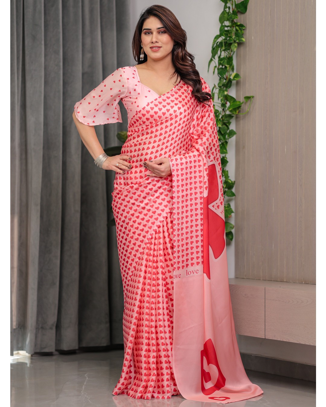 Premium Satin Georgette Love Themed Printed Saree with Unstitched BP (Pack of 1)