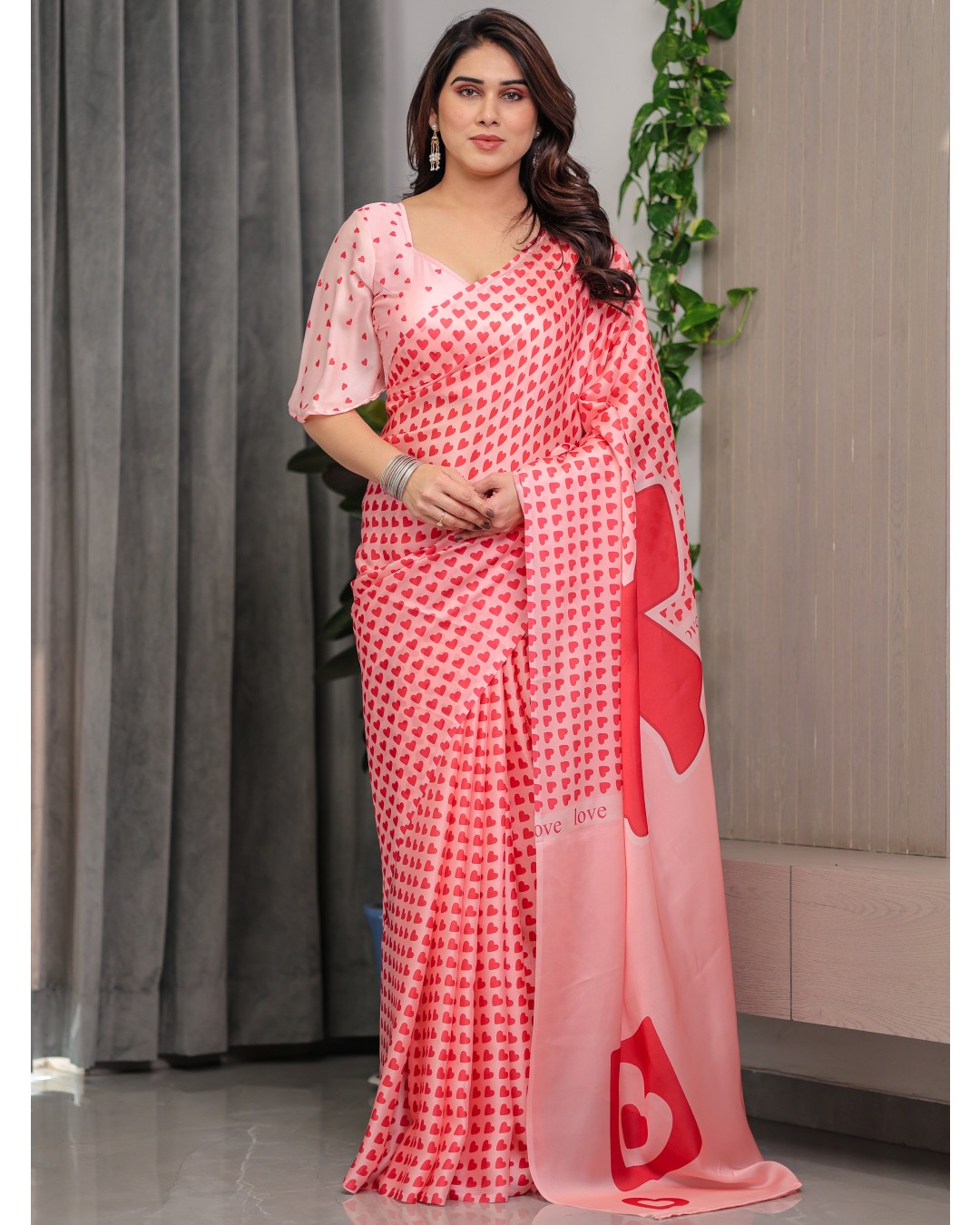 Premium Satin Georgette Love Themed Printed Saree with Unstitched BP (Pack of 1)