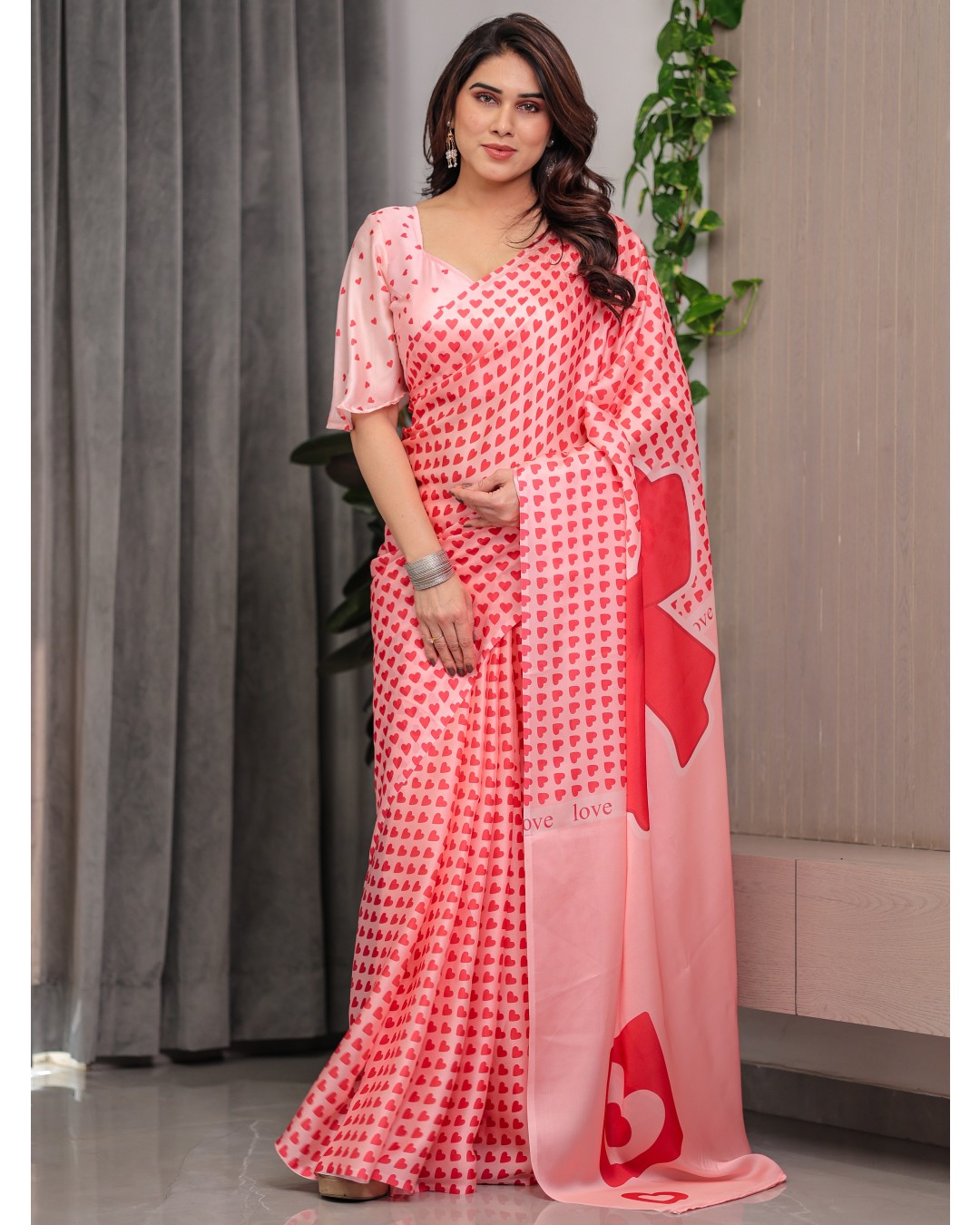 Premium Satin Georgette Love Themed Printed Saree with Unstitched BP (Pack of 1)