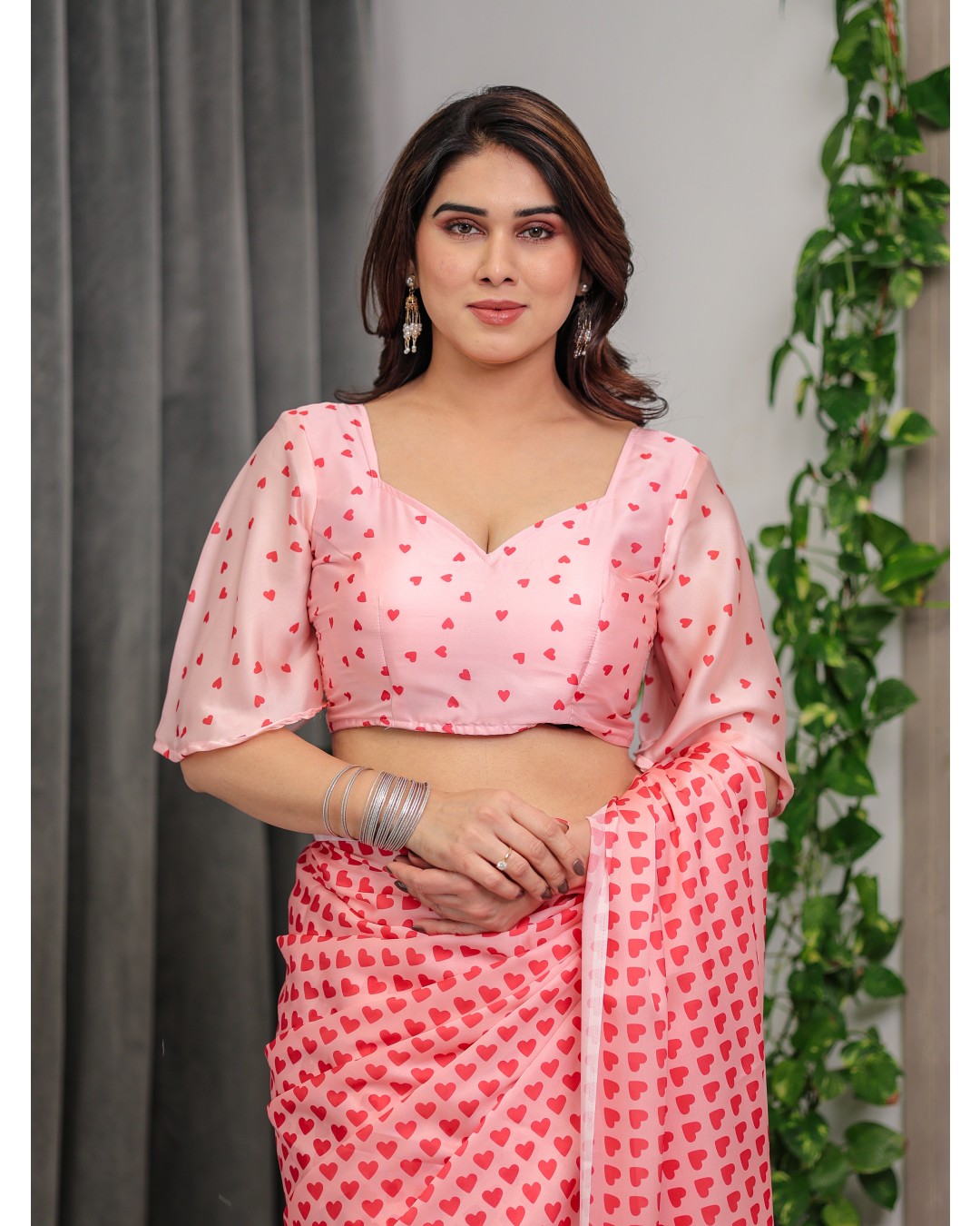 Premium Satin Georgette Love Themed Printed Saree with Unstitched BP (Pack of 1)