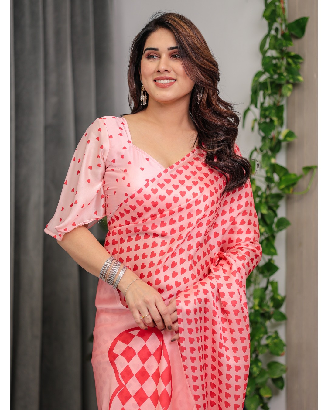 Premium Satin Georgette Love Themed Printed Saree with Unstitched BP (Pack of 1)