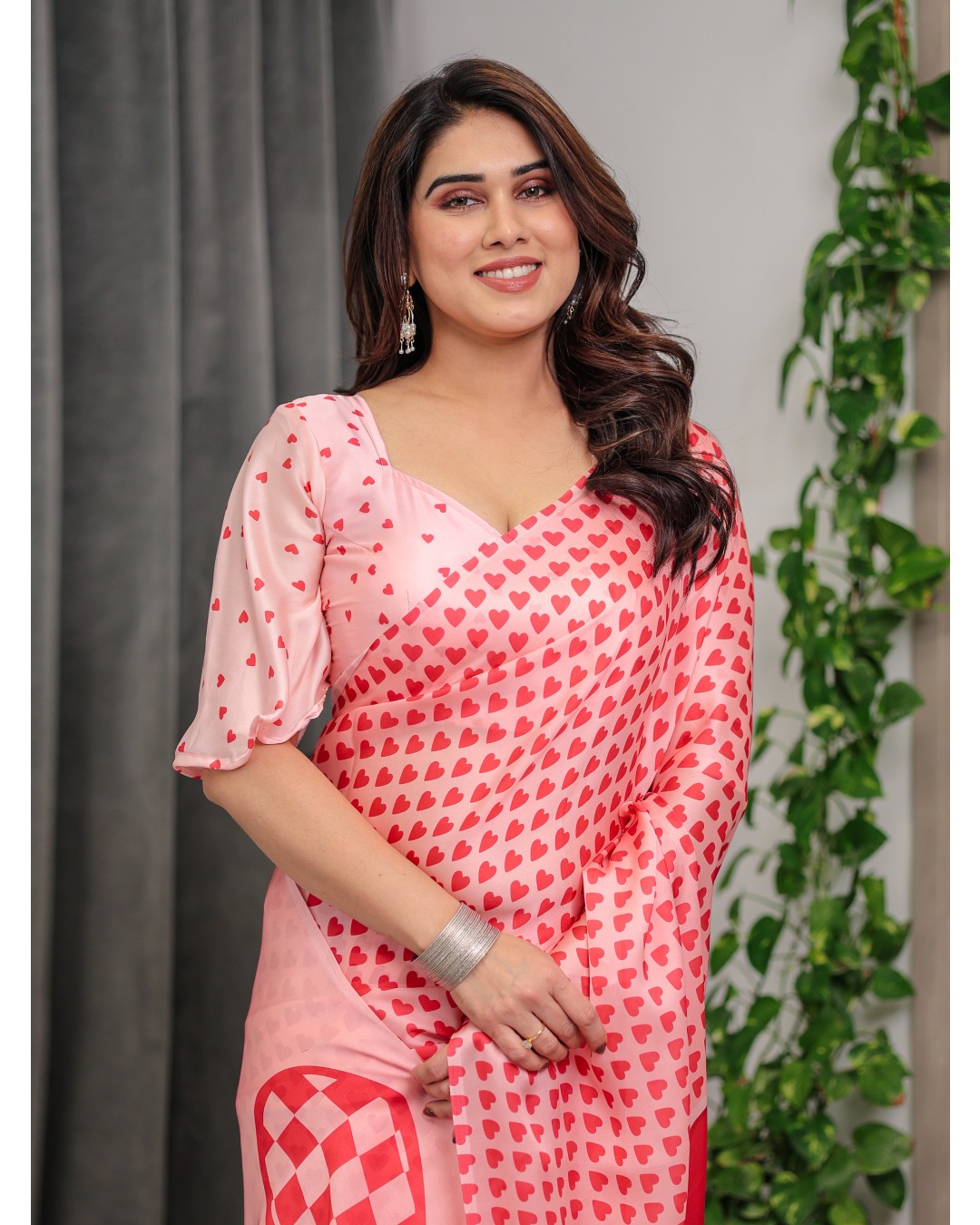 Premium Satin Georgette Love Themed Printed Saree with Unstitched BP (Pack of 1)