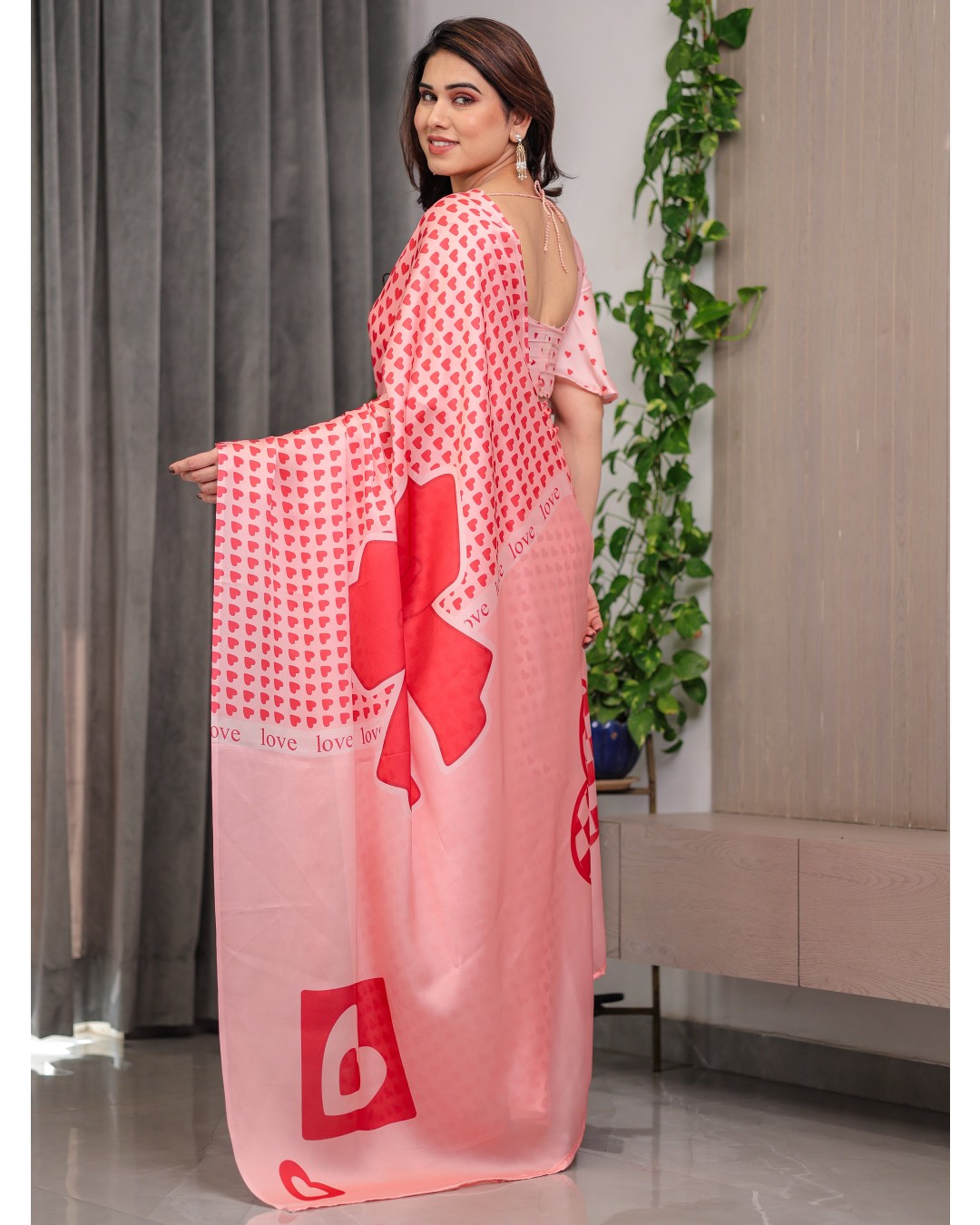 Premium Satin Georgette Love Themed Printed Saree with Unstitched BP (Pack of 1)