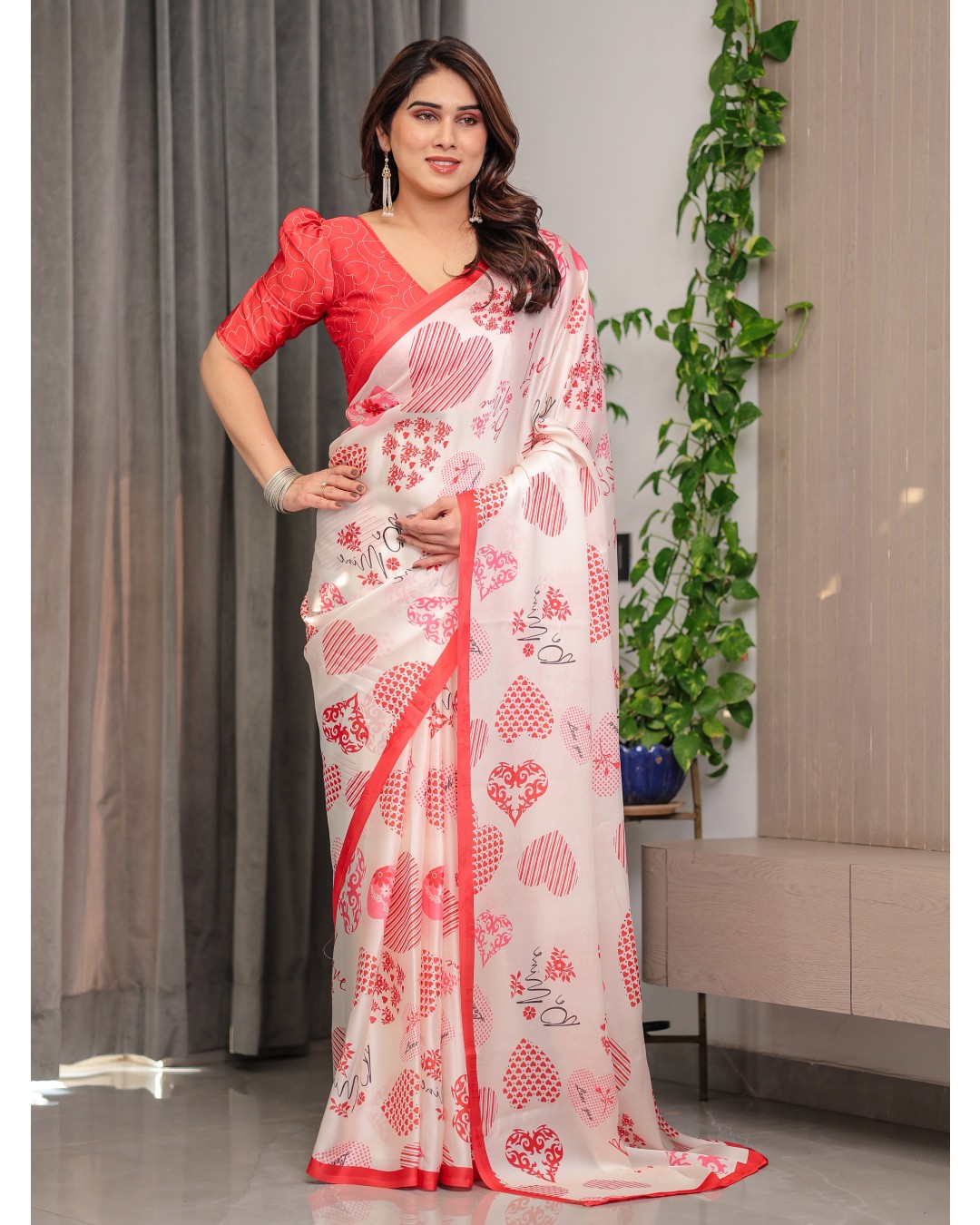 Satin Georgette Love Themed Printed Saree with Unstitched BP (Pack of 1)