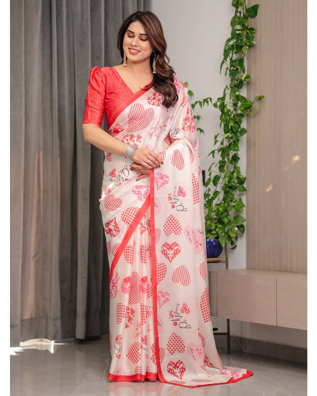 Satin Georgette Love Themed Printed Saree with Unstitched BP (Pack of 1)