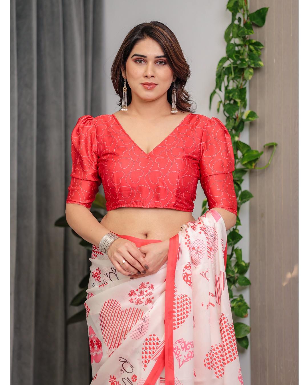 Satin Georgette Love Themed Printed Saree with Unstitched BP (Pack of 1)