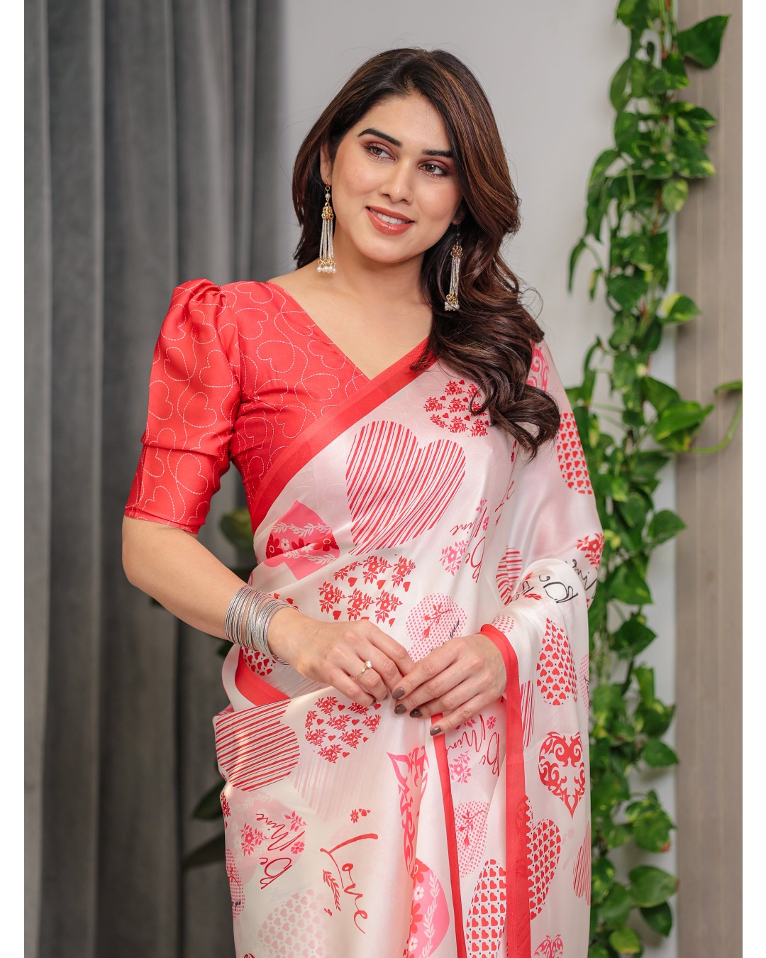 Satin Georgette Love Themed Printed Saree with Unstitched BP (Pack of 1)