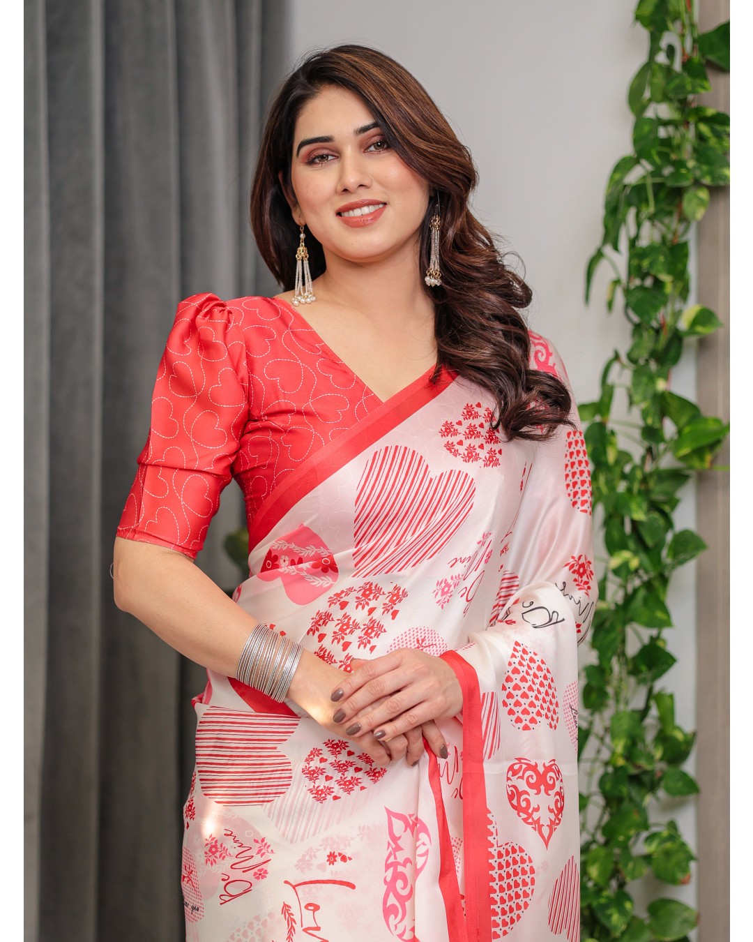 Satin Georgette Love Themed Printed Saree with Unstitched BP (Pack of 1)