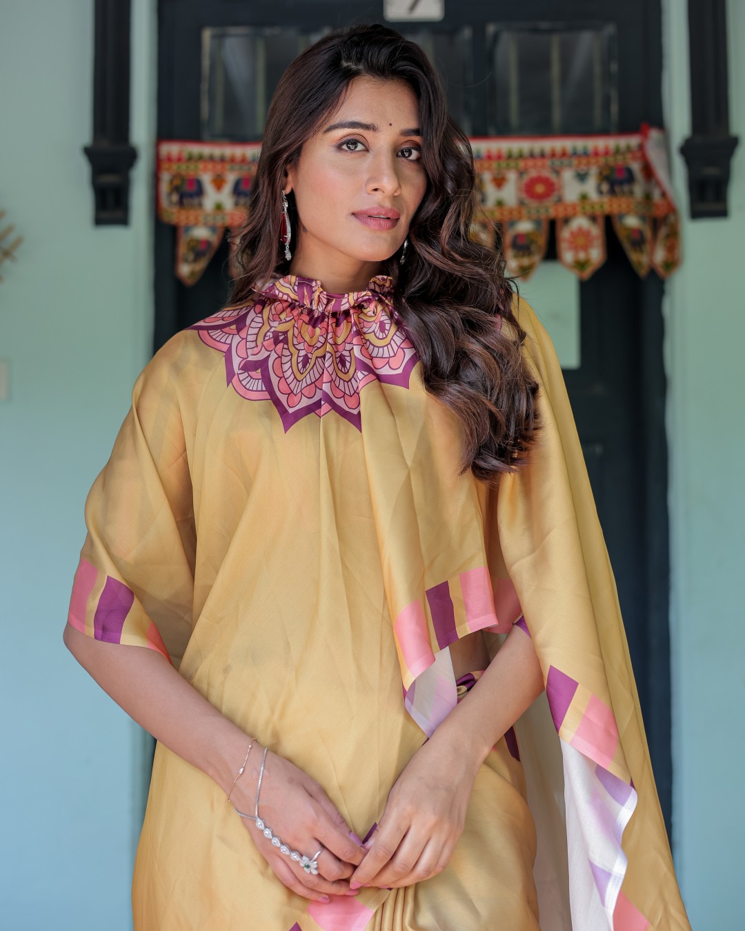 Golden Beige Freehand Designer Saree with Pink Mandala Motif & Striped Blouse | Satin Georgette | Handsfree Pallu(Pack of 1)