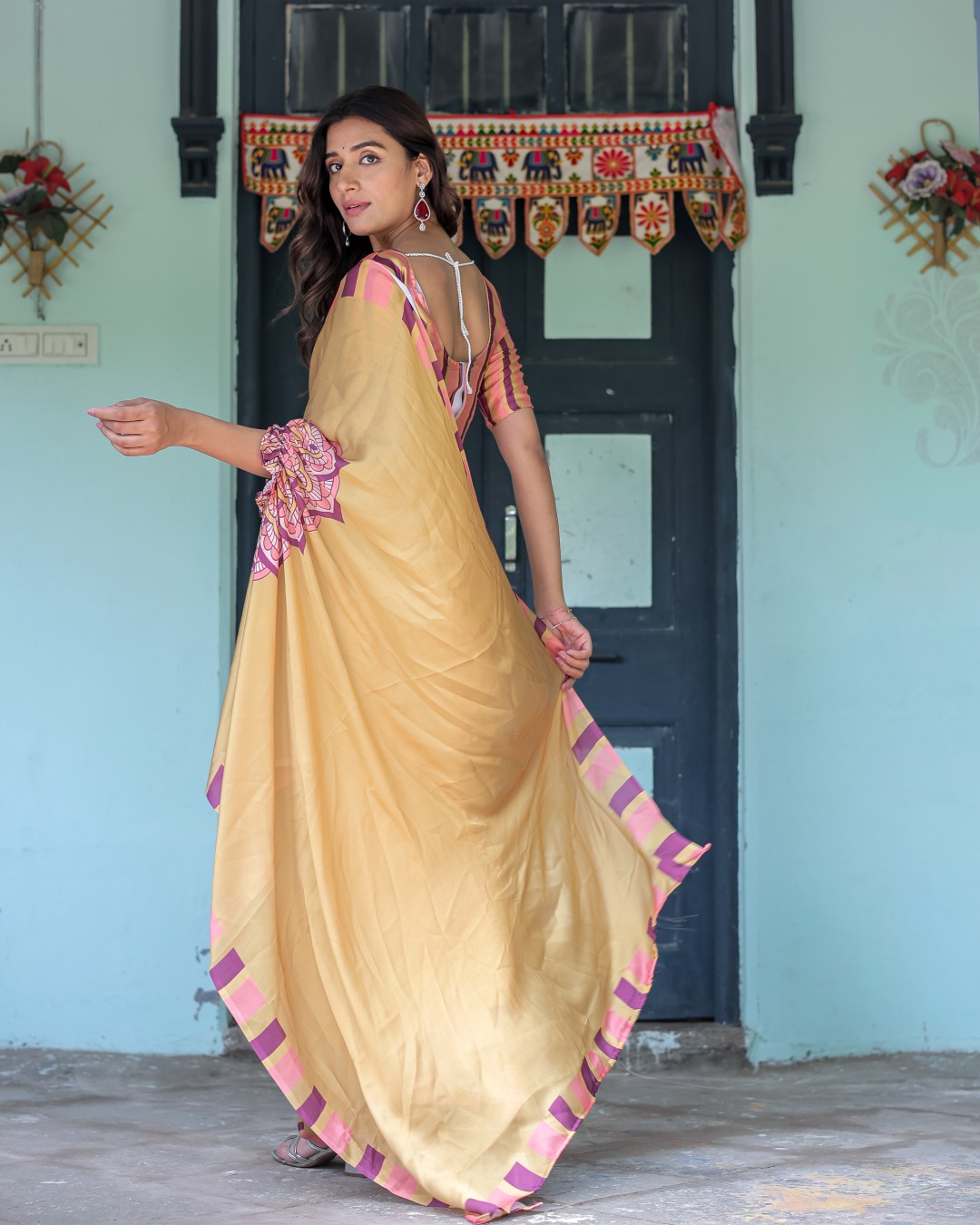 Golden Beige Freehand Designer Saree with Pink Mandala Motif & Striped Blouse | Satin Georgette | Handsfree Pallu(Pack of 1)