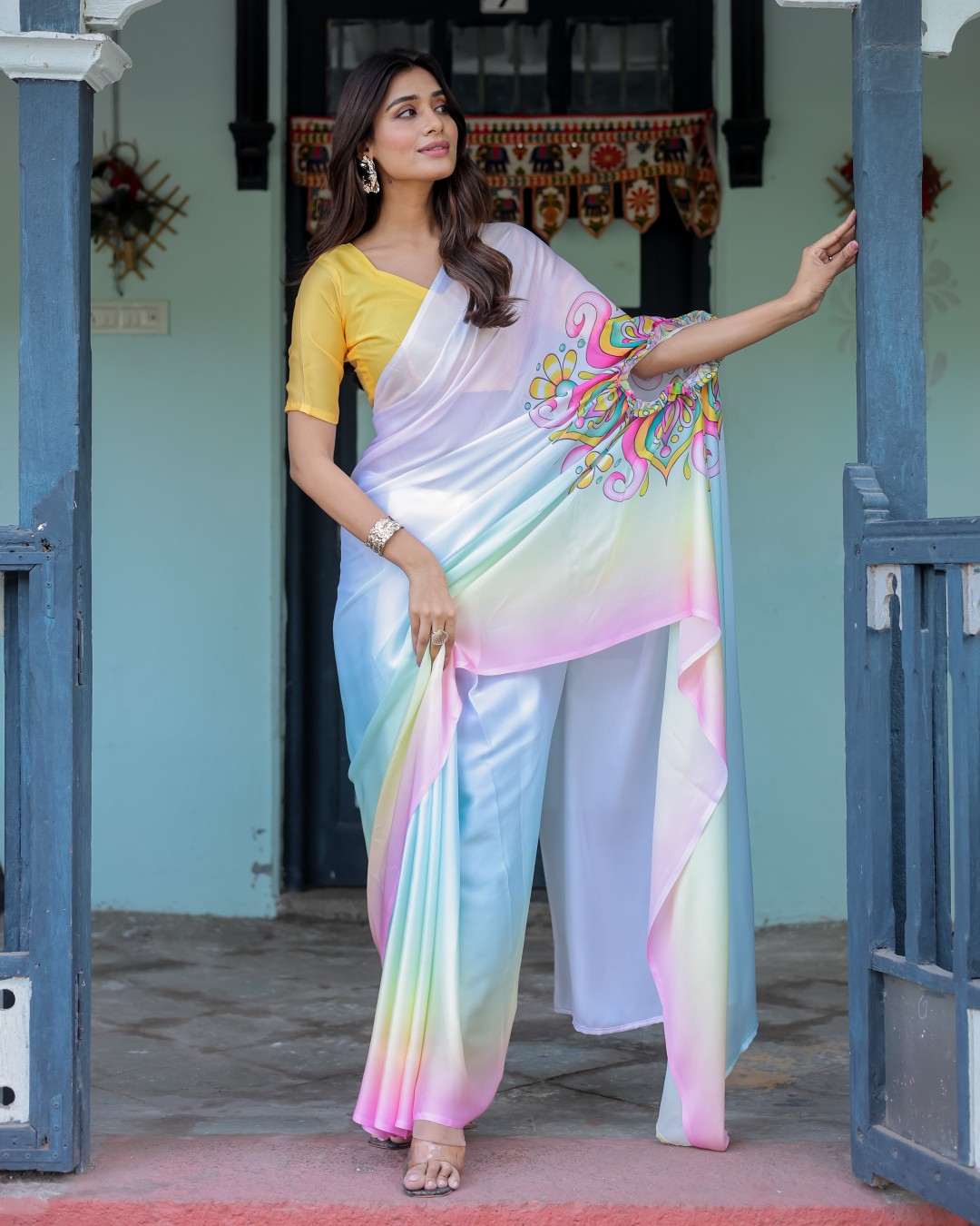 White Designer Freehand Saree with Multicolor Art Pallu & Yellow Blouse | Satin Georgette | Handsfree Draping Feature(Pack of 1)