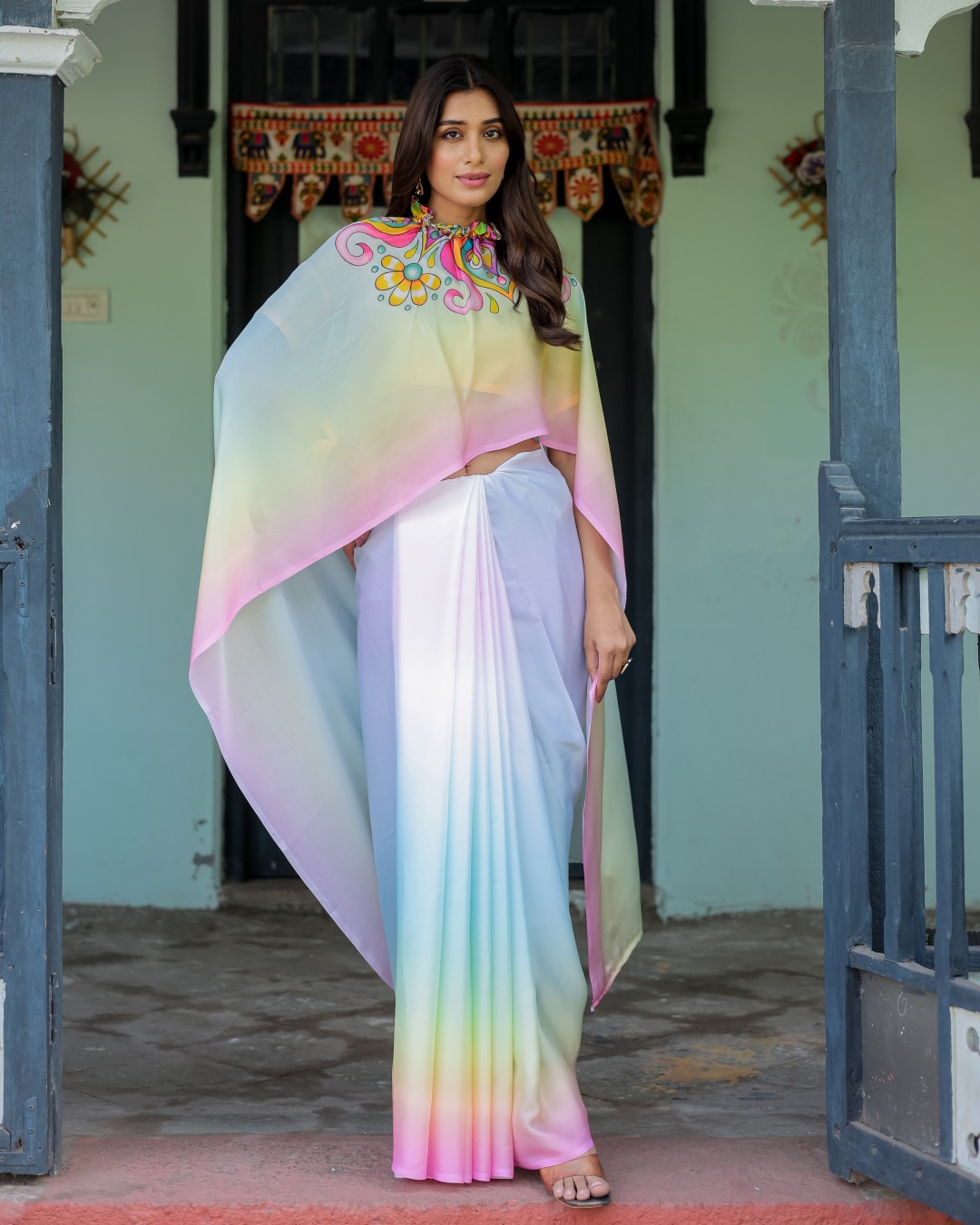 White Designer Freehand Saree with Multicolor Art Pallu & Yellow Blouse | Satin Georgette | Handsfree Draping Feature(Pack of 1)