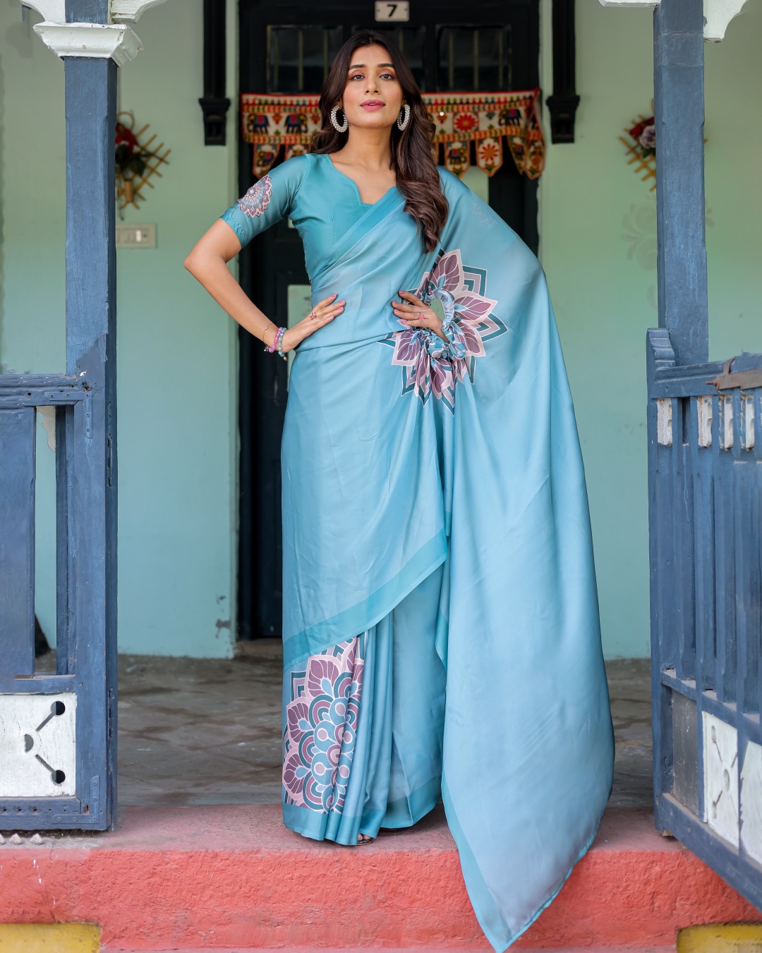 Teal Blue Designer Freehand Saree with Lotus Mandala Pallu & Matching Blouse | Satin Georgette | Handsfree Pallu Feature(Pack of 1)