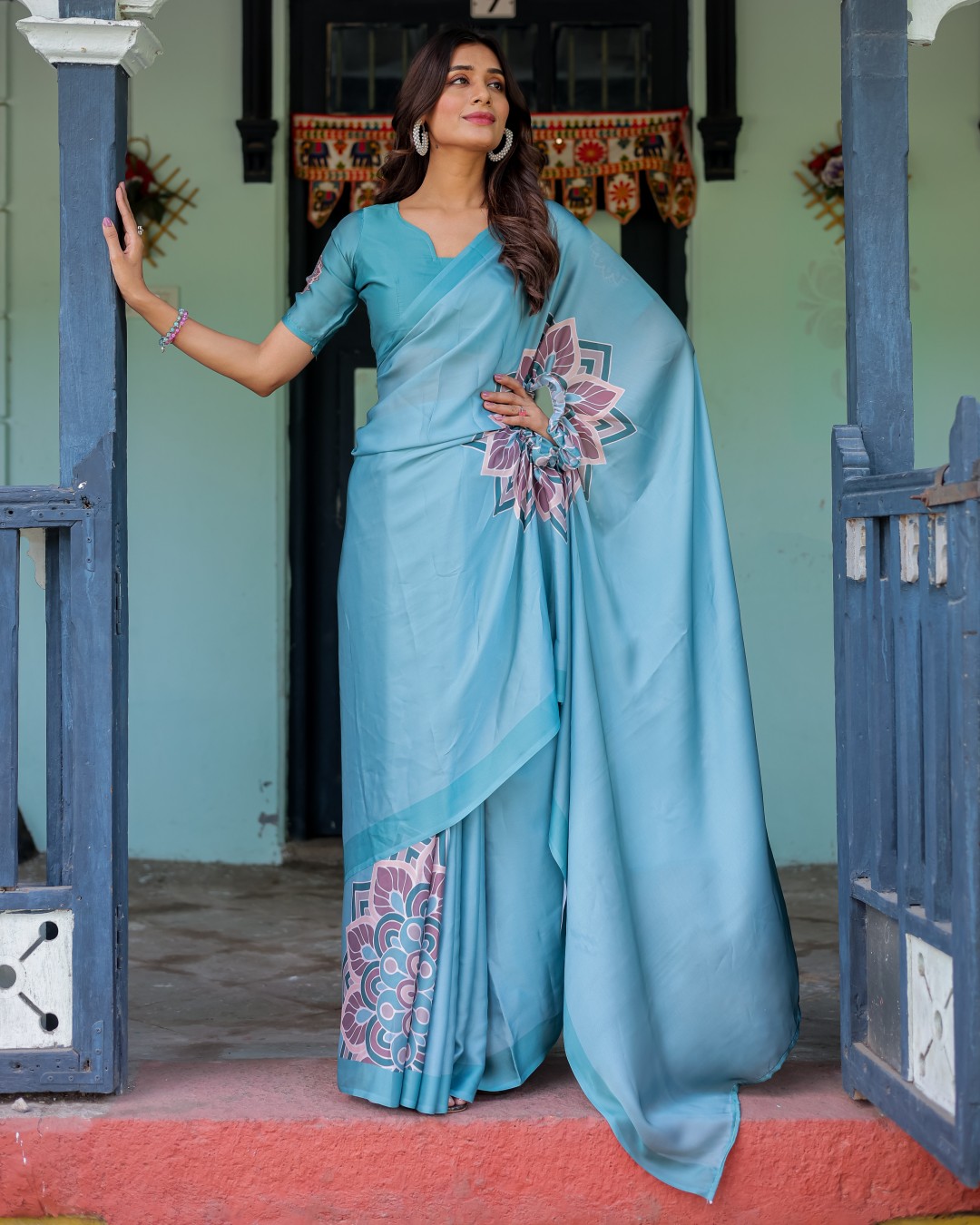 Teal Blue Designer Freehand Saree with Lotus Mandala Pallu & Matching Blouse | Satin Georgette | Handsfree Pallu Feature(Pack of 1)