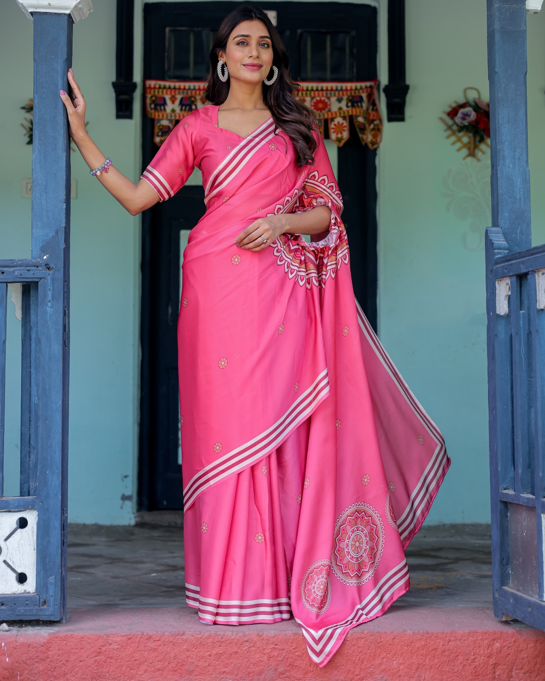 Bright Pink Designer Saree with White Striped Border & Mandala Art | Satin Georgette | Handsfree Pallu | Matching Blouse(Pack of 1)