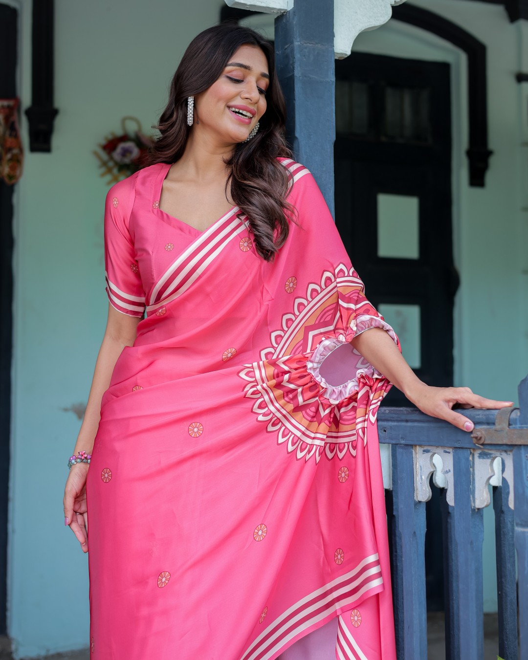 Bright Pink Designer Saree with White Striped Border & Mandala Art | Satin Georgette | Handsfree Pallu | Matching Blouse(Pack of 1)