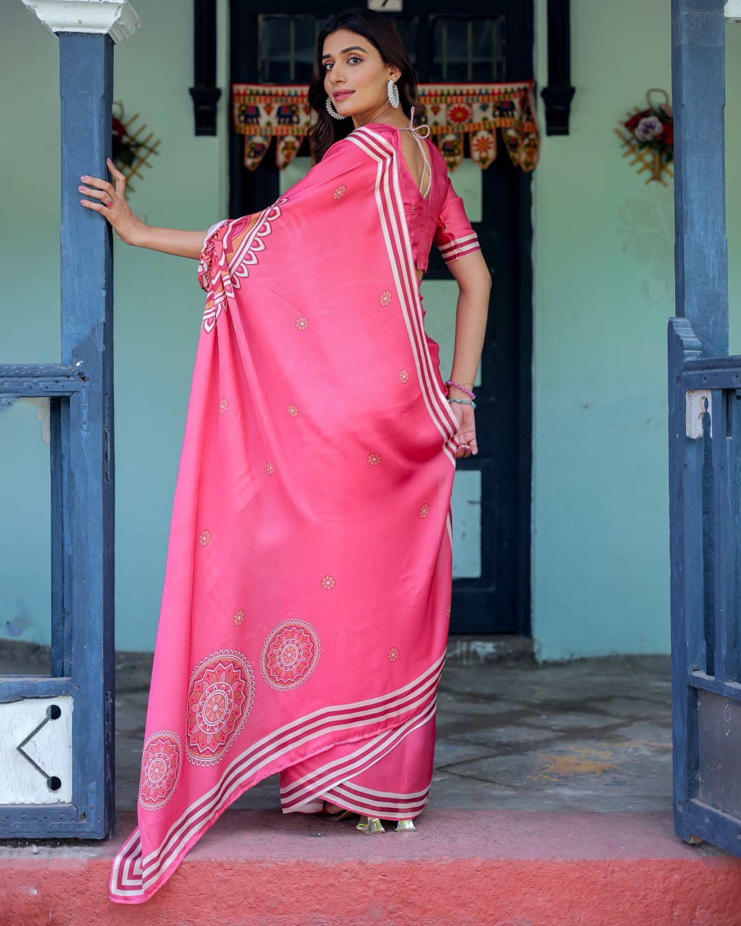 Bright Pink Designer Saree with White Striped Border & Mandala Art | Satin Georgette | Handsfree Pallu | Matching Blouse(Pack of 1)