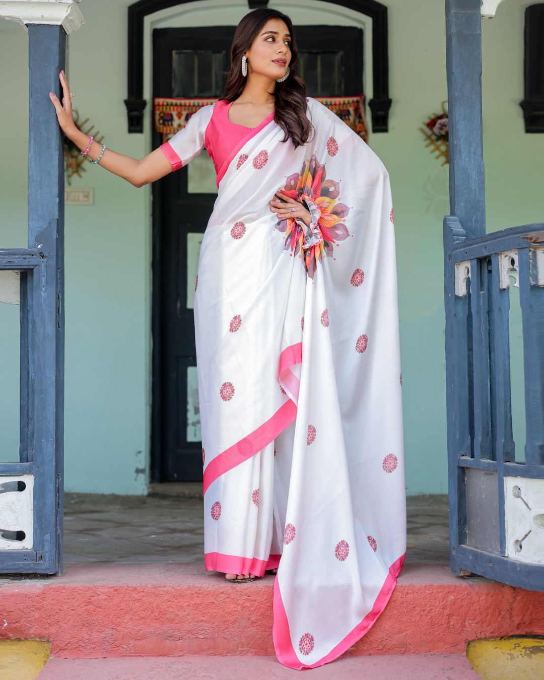 White Satin Georgette Designer Saree with Pink Mandala Prints & Floral Pallu | Handsfree Pallu Loop | Contrast Pink Blouse(Pack of 1)