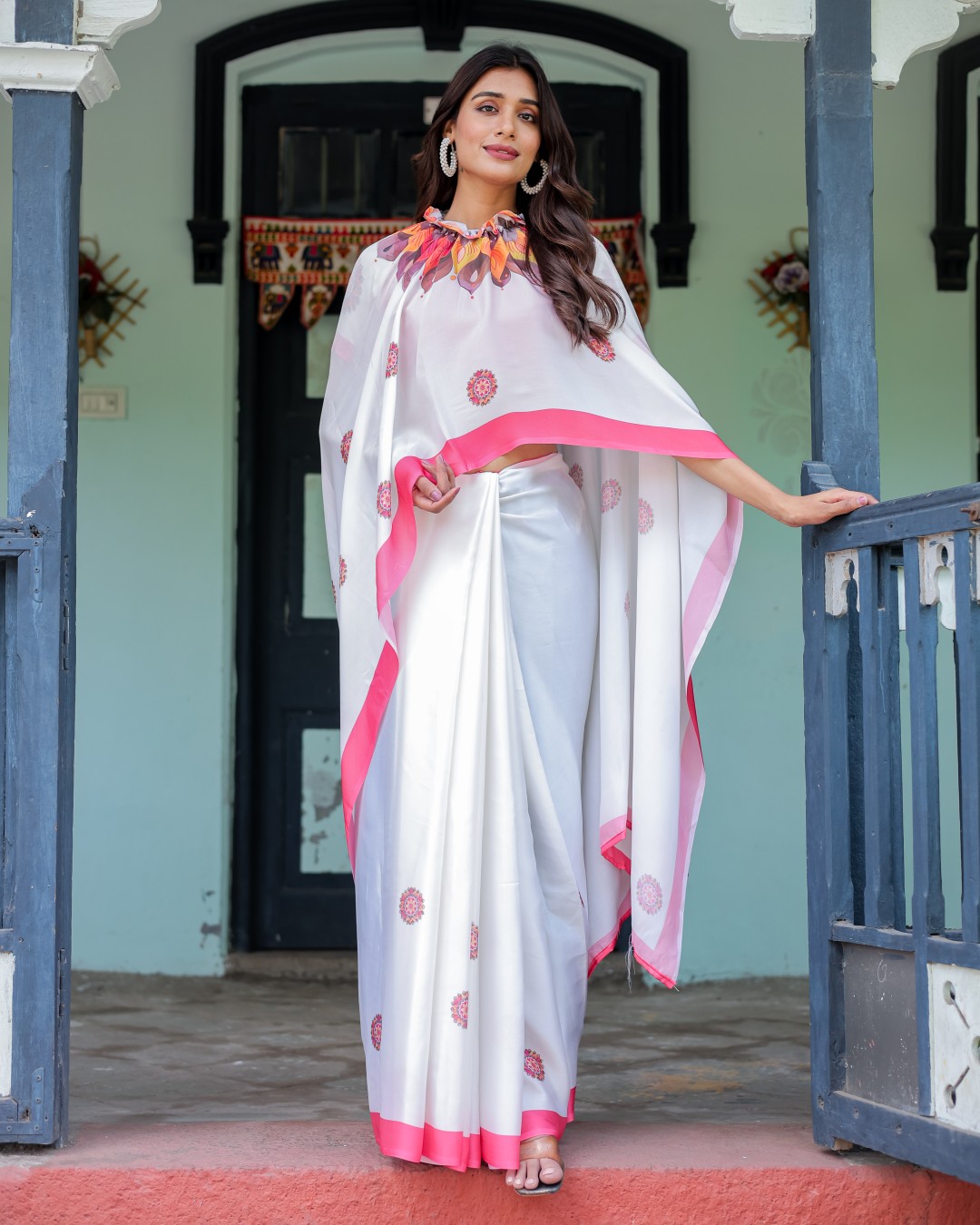 White Satin Georgette Designer Saree with Pink Mandala Prints & Floral Pallu | Handsfree Pallu Loop | Contrast Pink Blouse(Pack of 1)