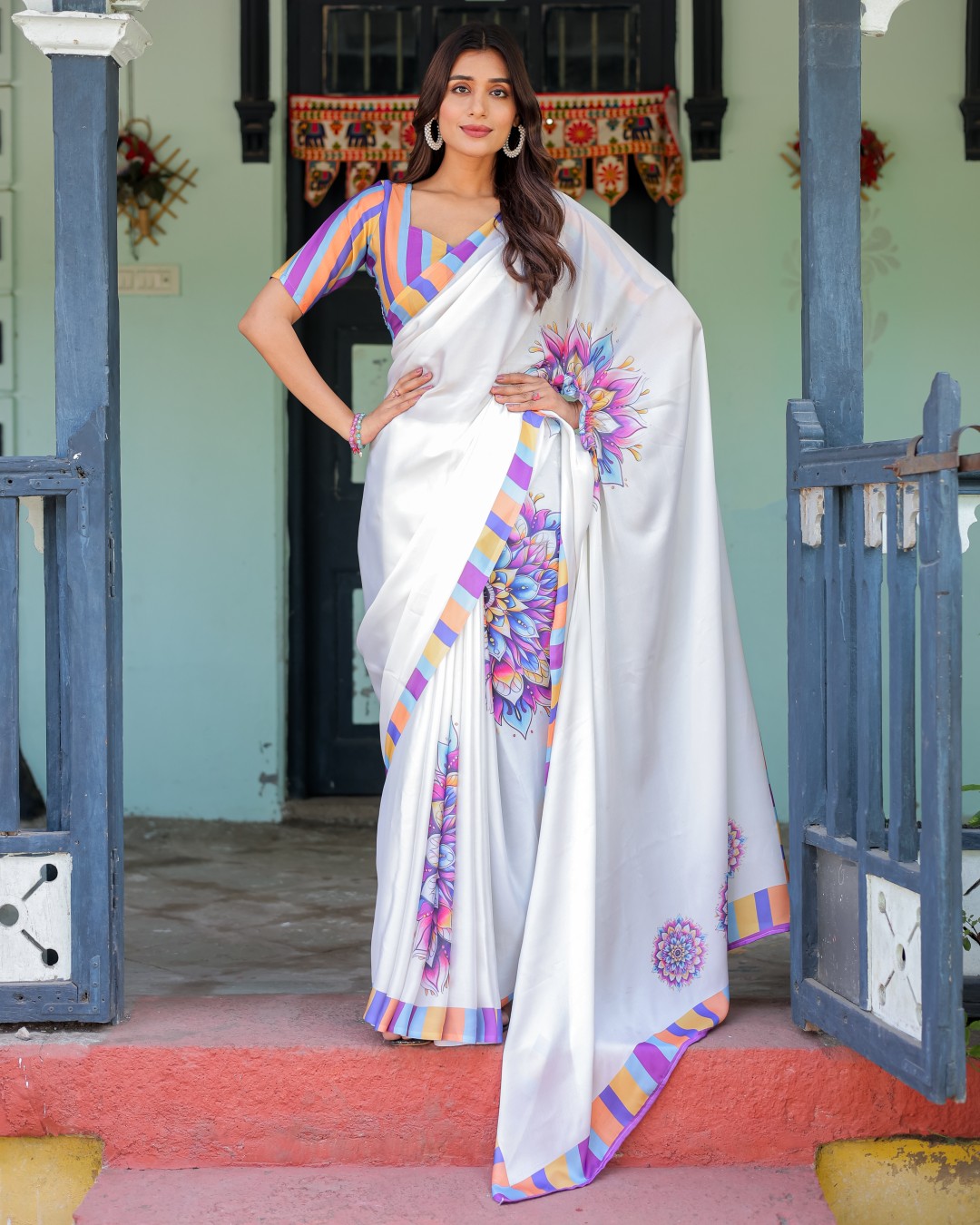 White Satin Georgette Designer Saree with Lotus Mandala Prints & Multicolor Striped Blouse | Handsfree Pallu Loop(Pack of 1)